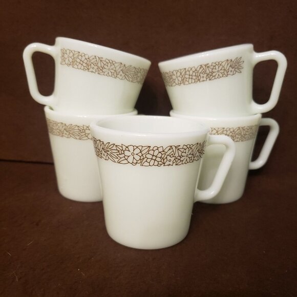 Set Five Vintage Pyrex Woodland White Milk Glass D-Handle Mugs 1410 Brown Flower - Picture 6 of 7